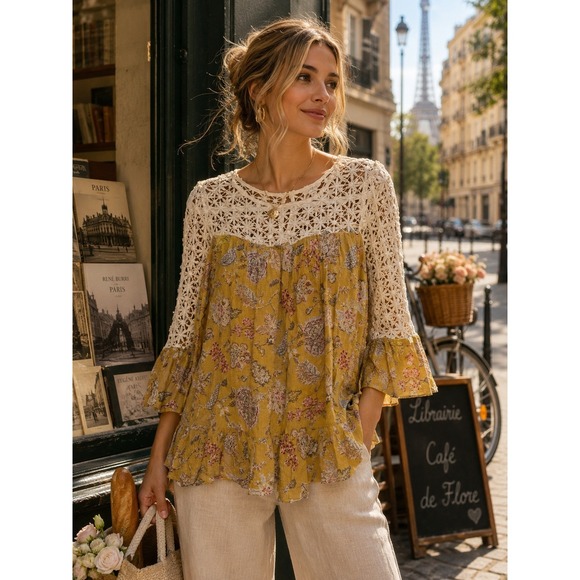 Umgee Tops - Umgee Mustard Floral Crochet Lace Boho Blouse Bell Sleeve Ruffle Hem A2964 Small
